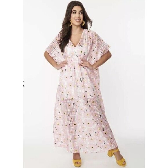 Unique Vintage Womens Burton Caftan Dress OS 1 Sz Pink Floral Burnout Retro 70s - Picture 1 of 13